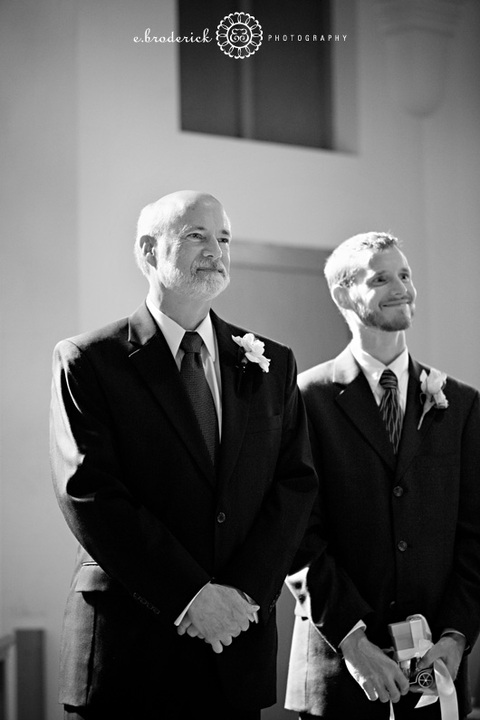 Alan watches as Patty walks down the aisle. His son, the Best Man, is on his left.