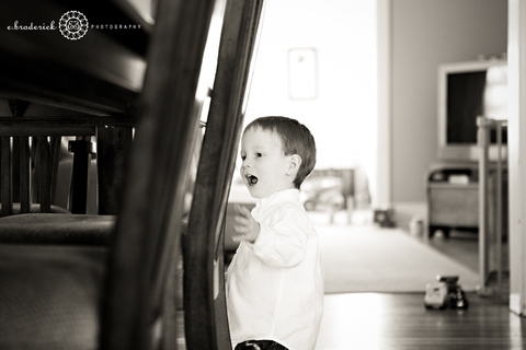 Love his face when he spots the cat hidden on a chair under the table!
