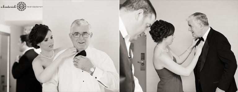 Kevin's sister helps their Dad with his tie. 